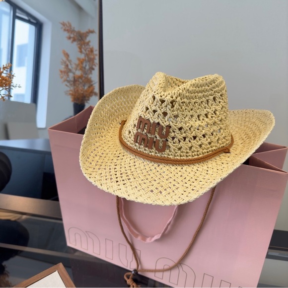 Miu Miu Accessories - Miu Miu Beige Grass Woven Cowboy Hat OS 57cm Western Sun Hat Adjustable